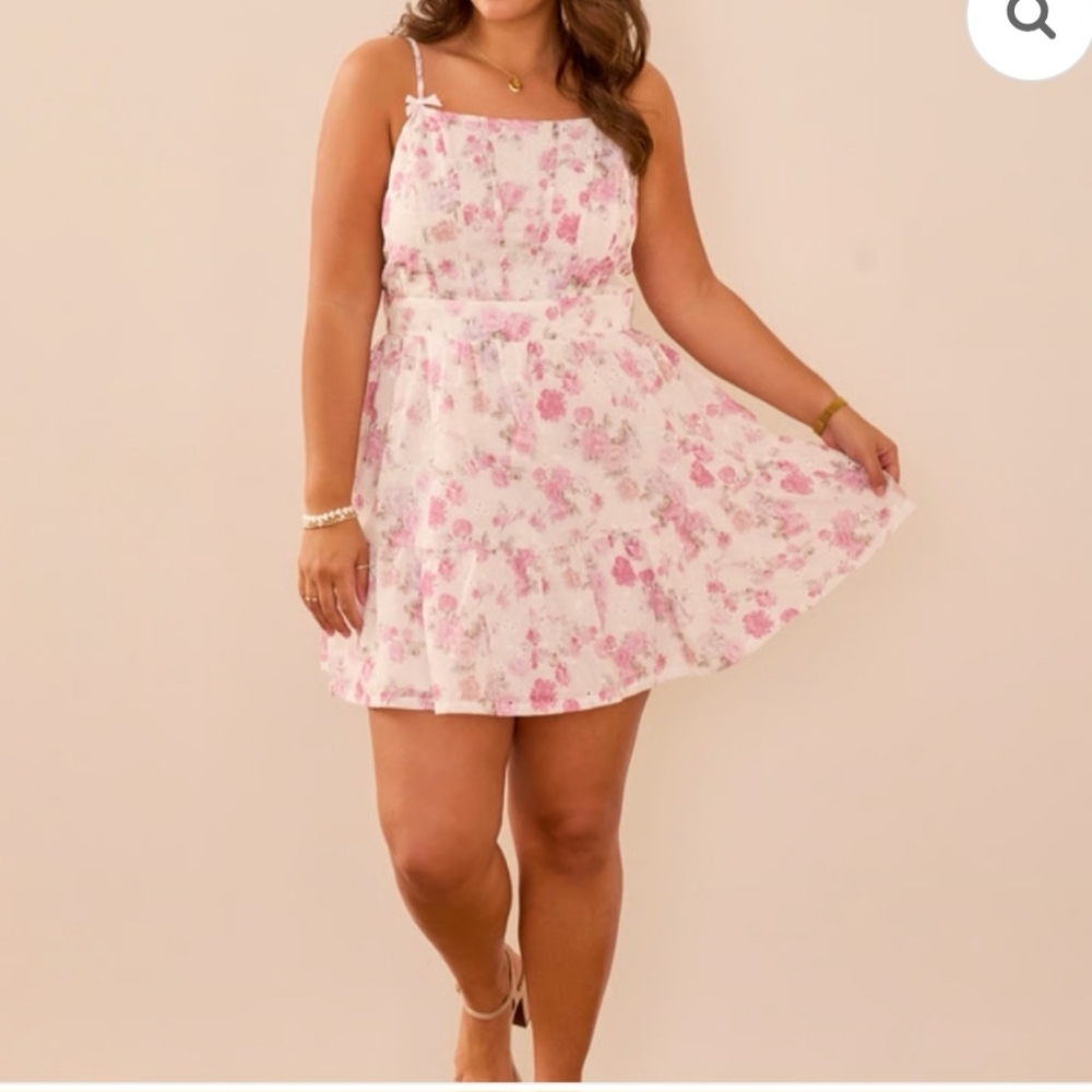 Arula Maeve Pink Rose Floral Eyelet Tiered Ruffle Hem Mini Dress
